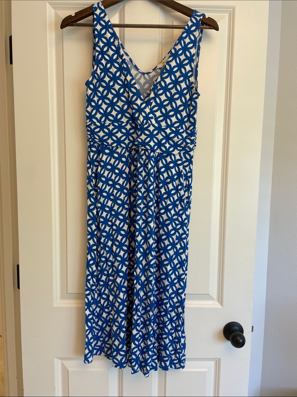 Boden Blue and White Sleeveless V-Neck Geometric Dress